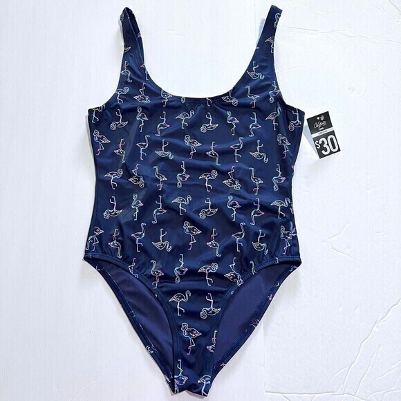 City Streets Women's One-Piece Navy-Blue Swimsuit with Neon Flamingo Print - Picture 1 of 12